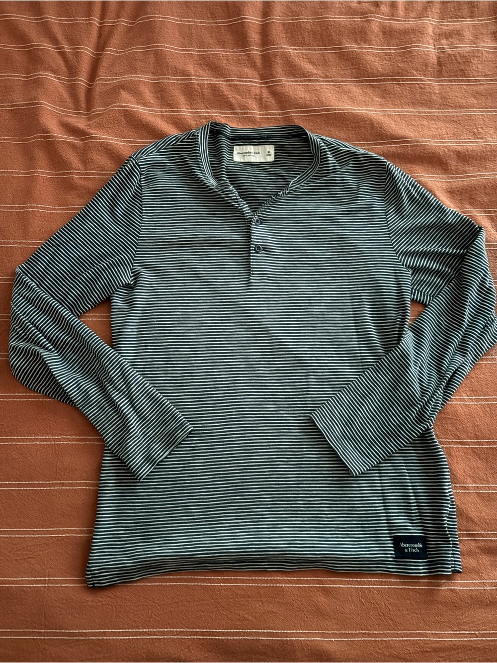 Abercrombie & Fitch Navy and White Striped Henley Long-Sleeve